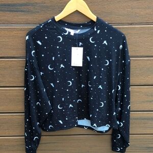 Womens Bluenotes Black Long Sleeve Star Moon Soft Cozy Lounge Top - Large NWT